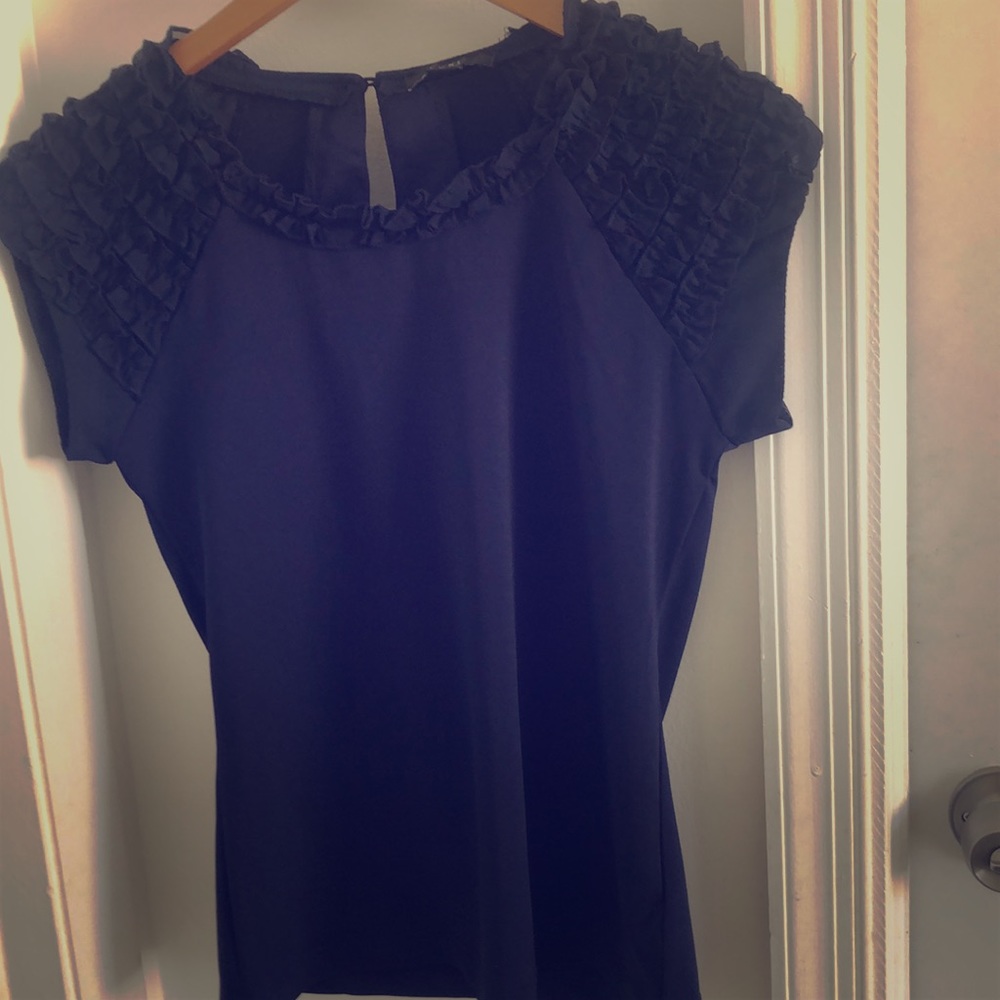 Navy ruffled shoulder detail top